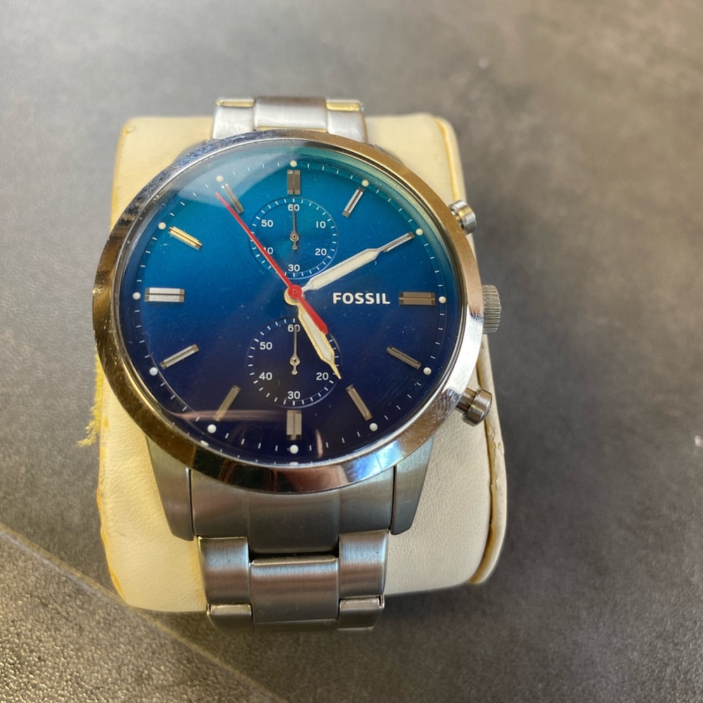 Fossil Watch Townsman Stainless Steel Silver Band w/ Blue Dial-NEW BATTERY